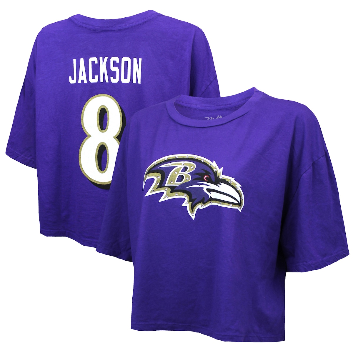 【公式グッズ】NFL レイブンズ ラマー・ジャクソン ネーム&ナンバー Tシャツ Majestic/マジェスティック レディース パープル (Womens Majestic Threads Swarovski Crystals Boxy Tee)｜Fanatics公式ストア 店