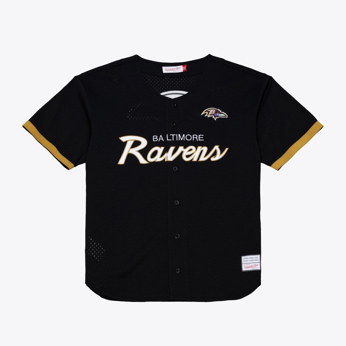 【公式グッズ】NFL レイブンズ シャツ Mitchell & Ness/ミッチェル＆ネス メンズ ブラック (MEN'S HEAD COACH MESH BUTTON FRONT BIG BK LOGO)