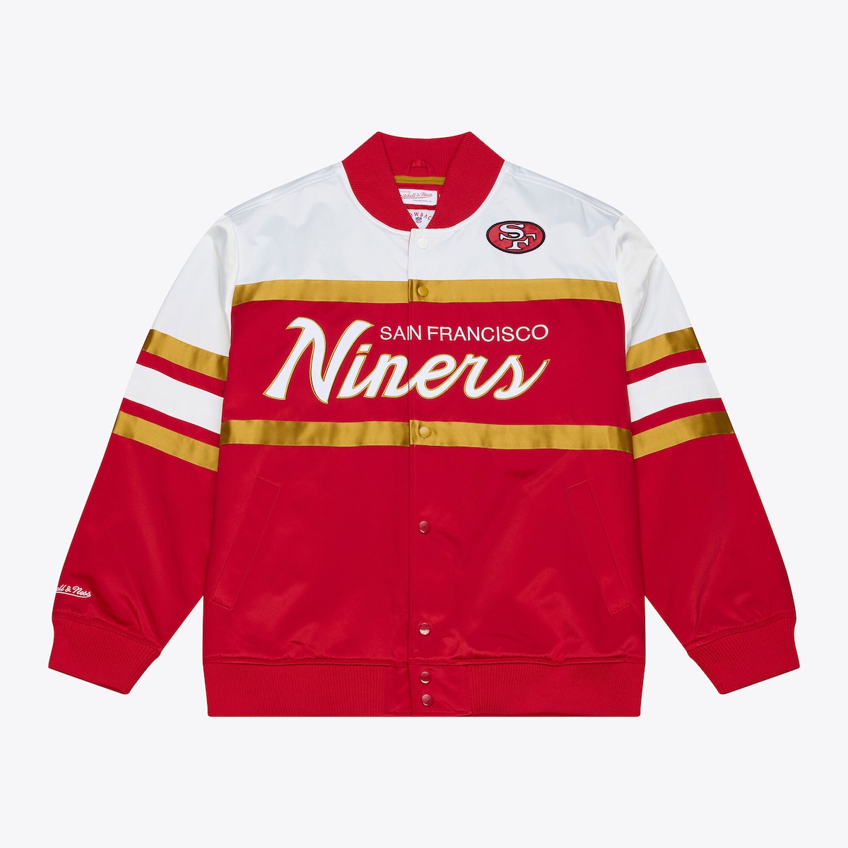 【公式グッズ】NFL 49ers ジャケット Mitchell & Ness/ミッチェル＆ネス メンズ スカーレット (HEAD COACH LW SATIN JACKET)