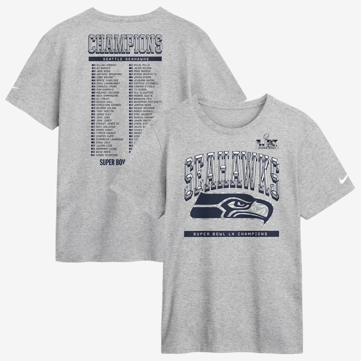 【公式グッズ】NFL 第60回スーパーボウル シーホークス Tシャツ Nike/ナイキ メンズ ヘザーグレイ (26 SB Champs Ice Classic Roster SS Tee)
