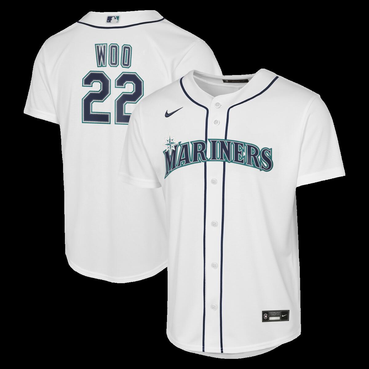 【公式グッズ】MLB マリナーズ ブライアン・ウー ホーム ユニフォーム （レプリカ） Nike/ナイキ キッズサイズ ホワイト (HOME BASELINE JRSY TWILL PLYER)