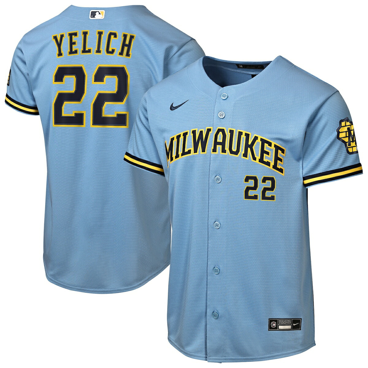【公式グッズ】MLB ブルワーズ クリスチャン・イェリッチ ロード ユニフォーム （レプリカ） Nike/ナイキ キッズサイズ パウダーブルー (Youth 8-20 Stadium Home Run Jersey - Player)