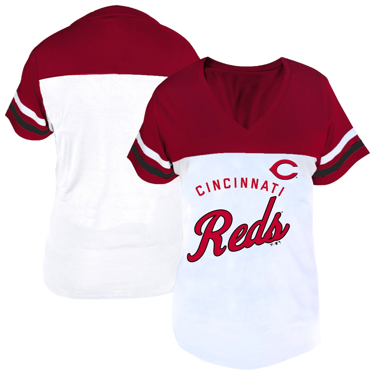 【公式グッズ】MLB レッズ Vネック Tシャツ Fanatics/ファナティクス レディース ホワイト (Women's Plus SS V-NK TEE 2ARM STRIPE)