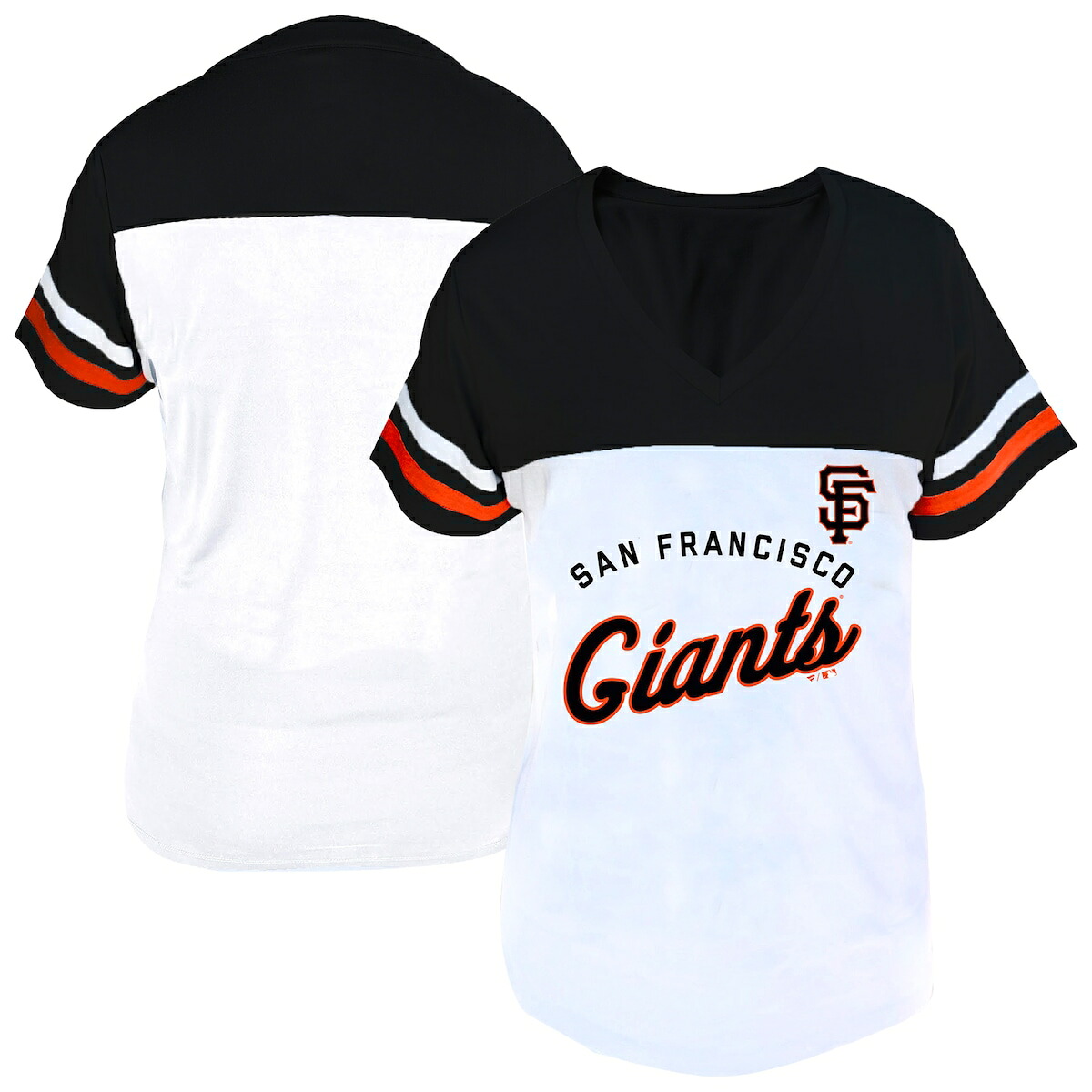 【公式グッズ】MLB ジャイアンツ Vネック Tシャツ Fanatics/ファナティクス レディース ホワイト (Women's Plus SS V-NK TEE 2ARM STRIPE)