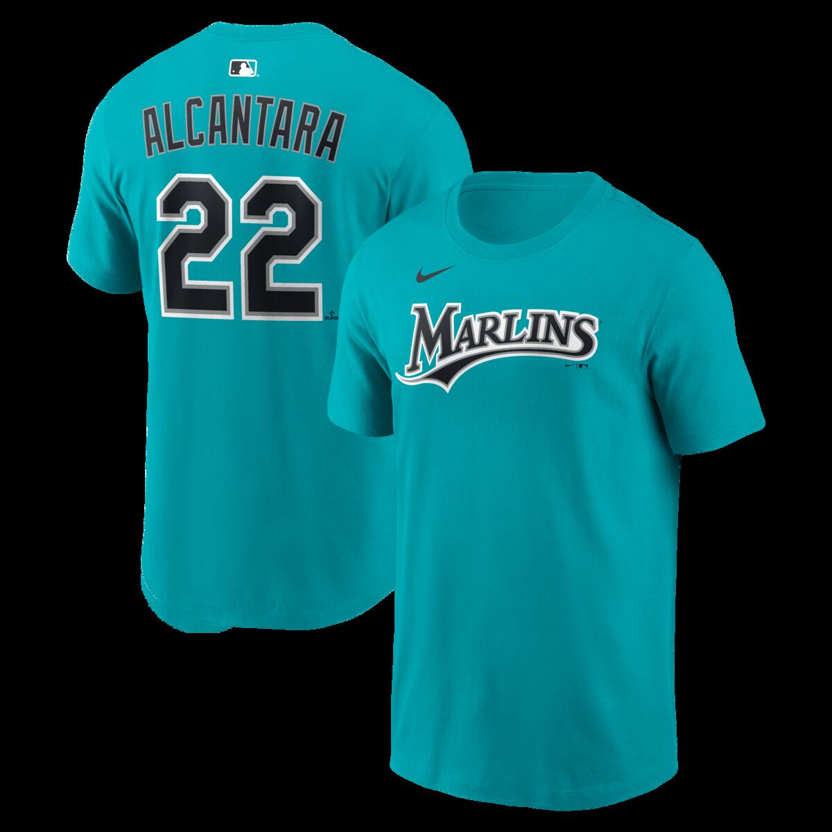 【公式グッズ】MLB マーリンズ サンディ・アルカンタラ ネーム&ナンバー Tシャツ Nike/ナイキ メンズ ティール (Nike 2026 Men's N&N League Seasonal Tee)