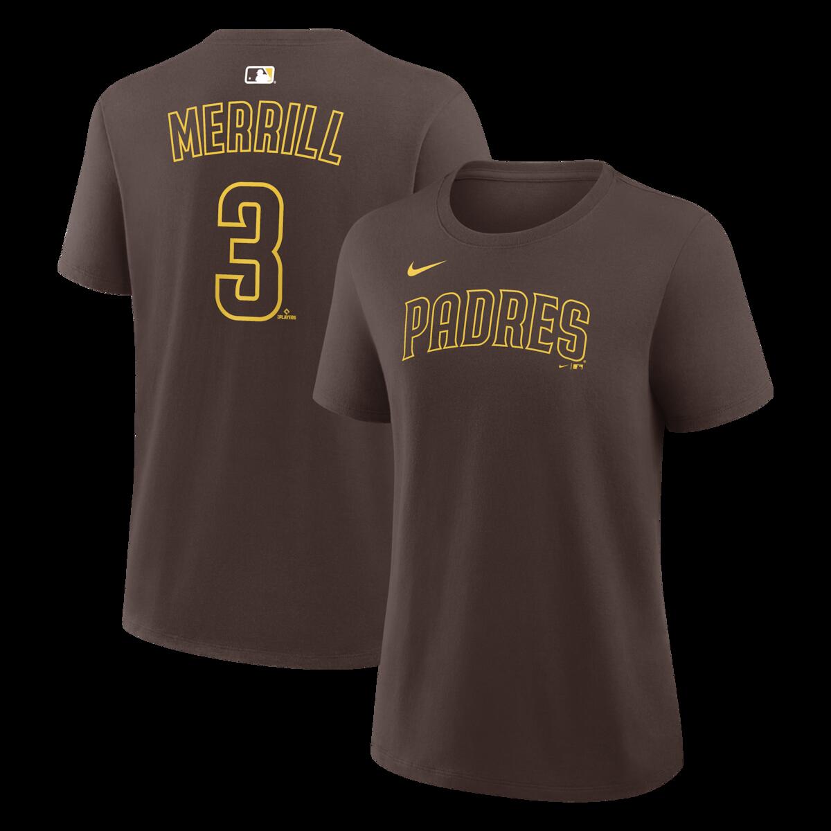 【公式グッズ】MLB パドレス ジャクソン・メリル ネーム&ナンバー Tシャツ Nike/ナイキ レディース ブラウン (Nike Women's N&N CORE Tee - 2026)
