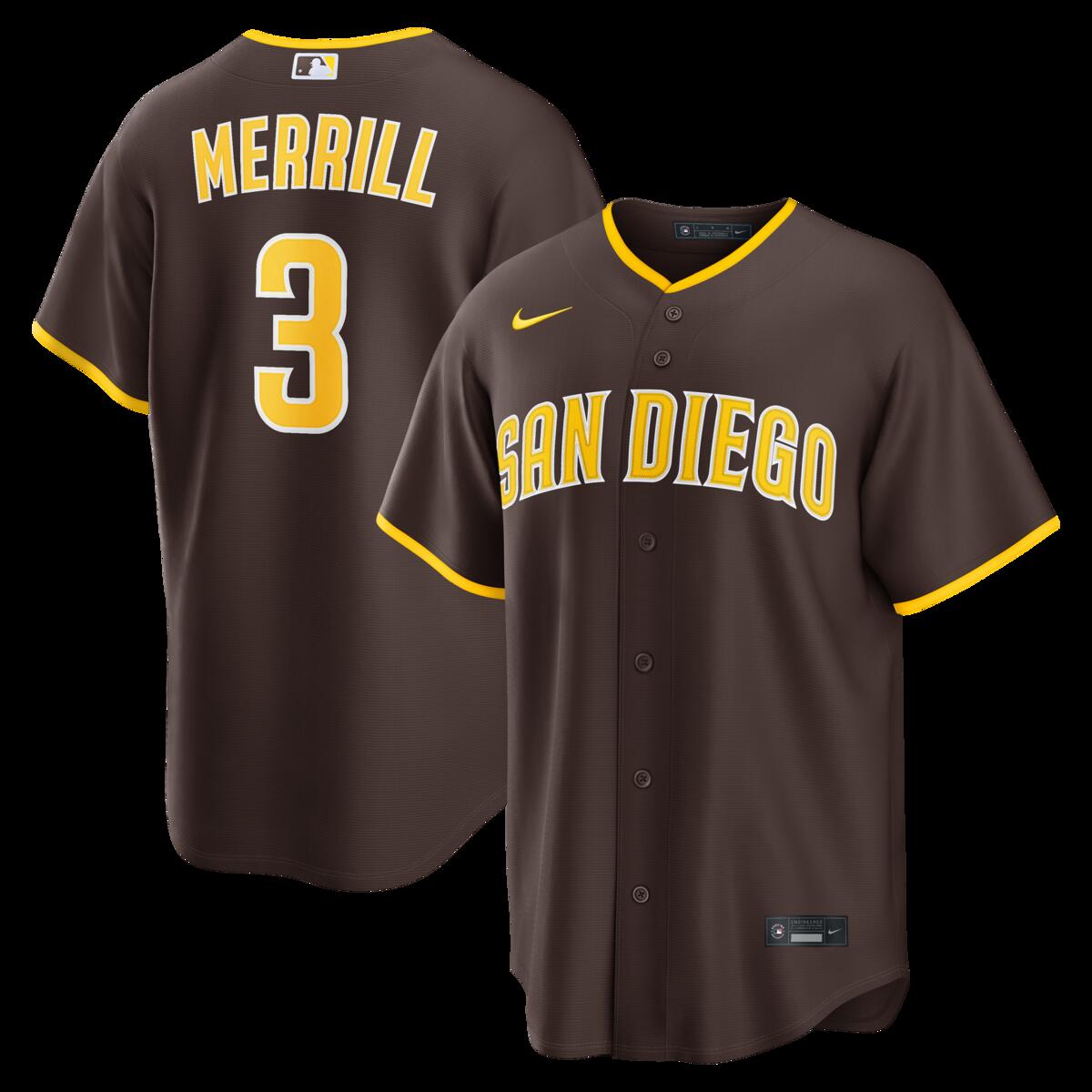 【公式グッズ】MLB パドレス ジャクソン・メリル ロード ユニフォーム (レプリカ) Nike/ナイキ メンズ ブラウン (Replica 2026 Men's LEAGUE SEASONAL Jersey - Player)|Fanatics公式ストア 店