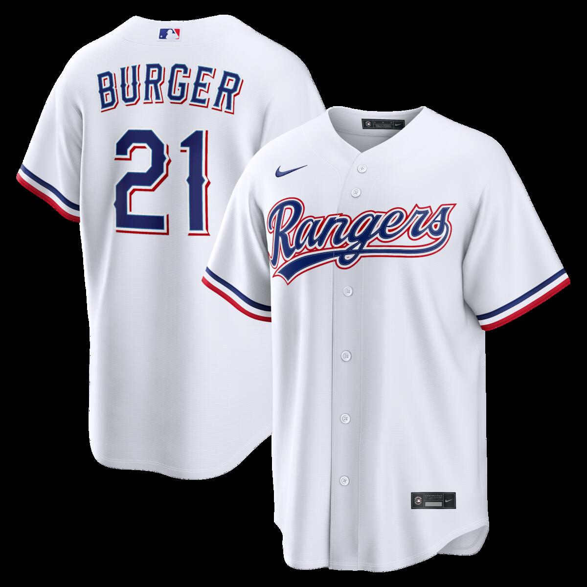 【公式グッズ】MLB レンジャーズ ジェイク・バーガー ホーム ユニフォーム (レプリカ) Nike/ナイキ メンズ ホワイト (Nike 2026 Men\'s Replica RP26 Core Jersey - Starter Player)|Fanatics公式ストア 店