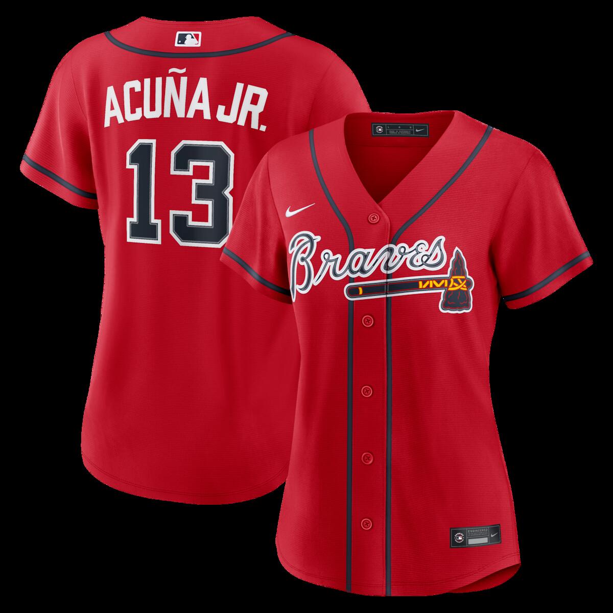 【公式グッズ】MLB ブレーブス ロナルド・アクーニャJr. オルタネイト ユニフォーム （レプリカ） Nike/ナイキ レディース レッド (Replica 2026 Women\'s Player Jersey - LEAGUE SEASONAL)｜Fanatics公式ストア 店