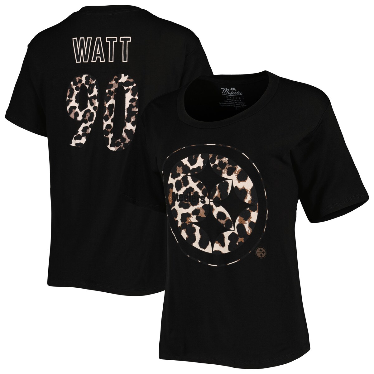 【公式グッズ】NFL スティーラーズ T.J.ワット Tシャツ Majestic/マジェスティック レディース ブラック (Women's Leopard Player N&N SST)|Fanatics公式ストア 店