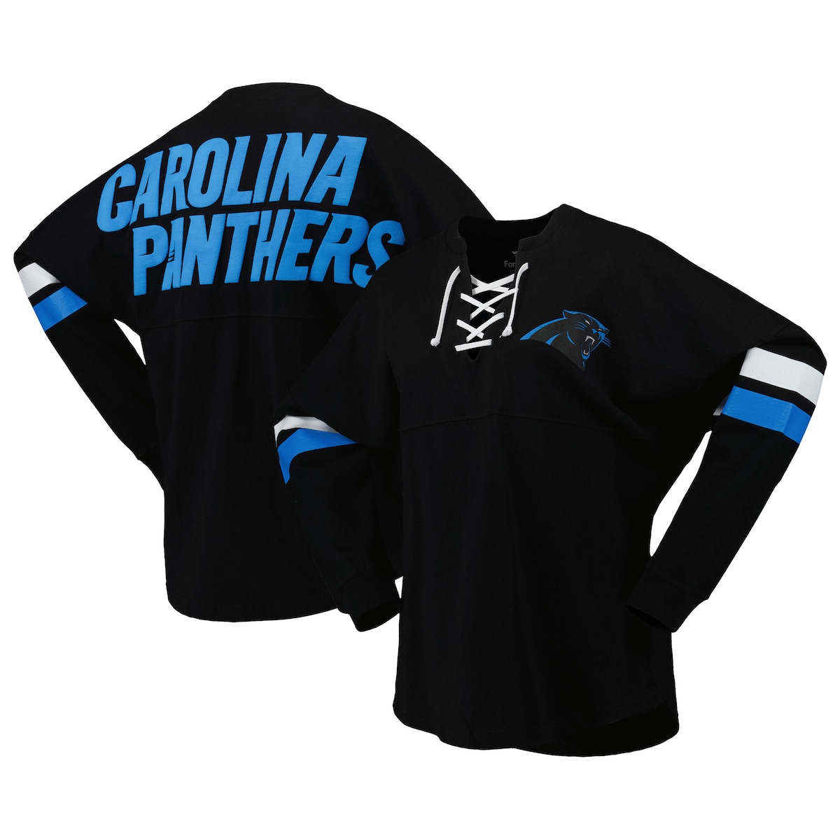 【公式グッズ】NFL パンサーズ Vネック 長袖 Tシャツ Fanatics/ファナティクス レディース ブラック (22 Women's Lace Up Spirit Jersey)