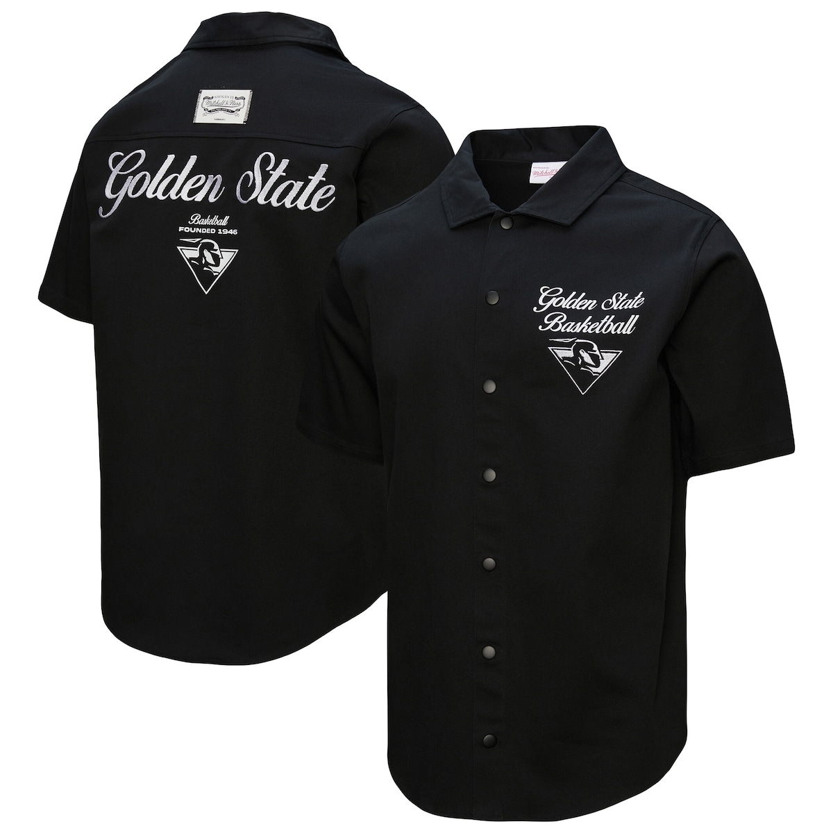 【公式グッズ】NBA ウォリアーズ シャツ Mitchell & Ness/ミッチェル&ネス メンズ ブラック (NBA Mitchell & Ness Men's SU25 HWC SS Camp Shirt)|Fanatics公式ストア 店