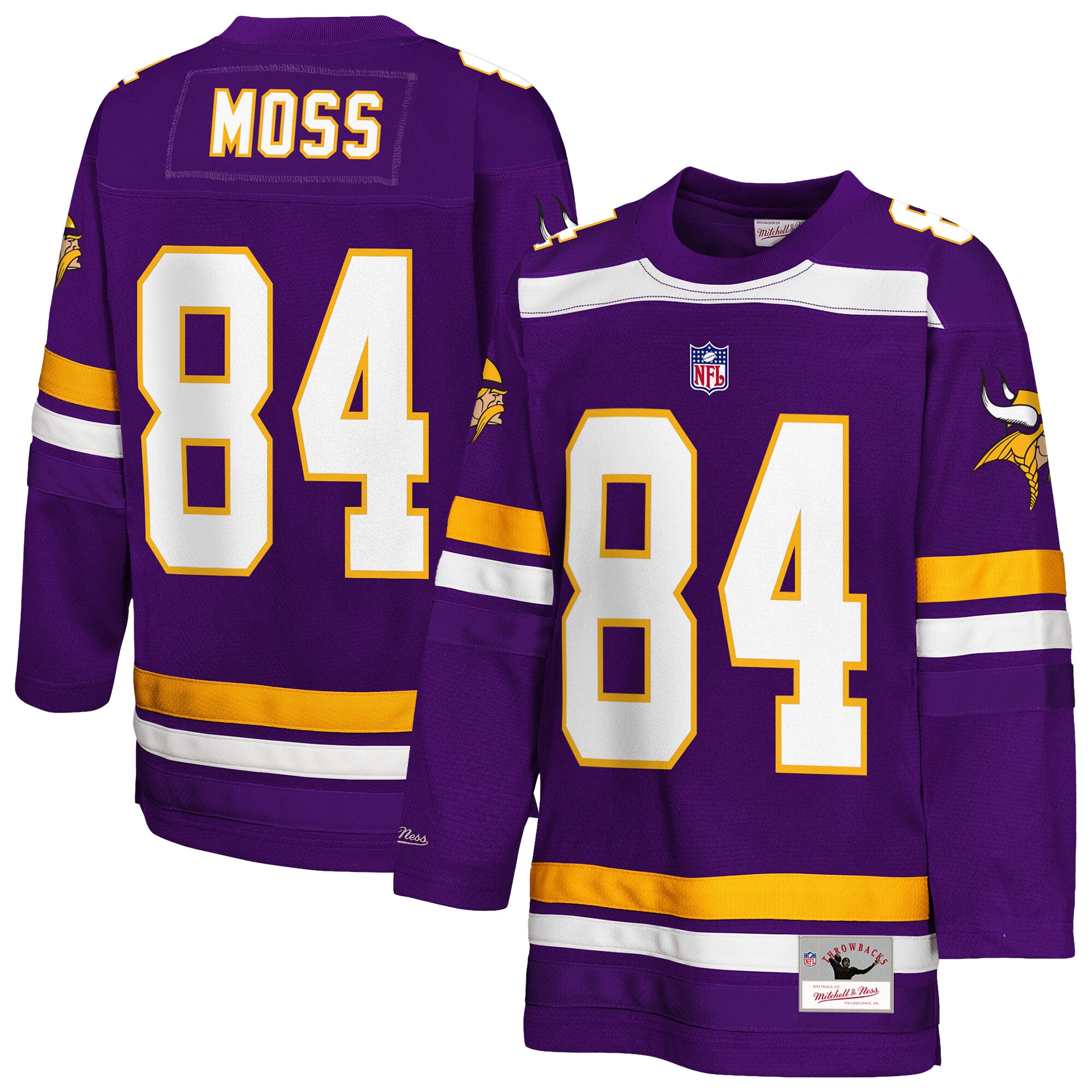 【公式グッズ】NFL バイキングス ランディ・モス Tシャツ Mitchell & Ness/ミッチェル＆ネス キッズサイズ パープル (Retired Youth 8-20 NFL Hockey Fashion Jersey)