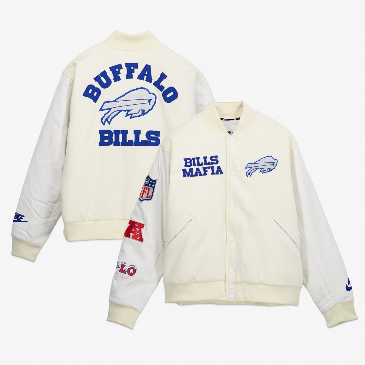 【公式グッズ】NFL ビルズ ジャケット Nike/ナイキ メンズ ホワイト (25 Men's Nike Rivalries Loose Fit Varsity Jacket)|Fanatics公式ストア 店