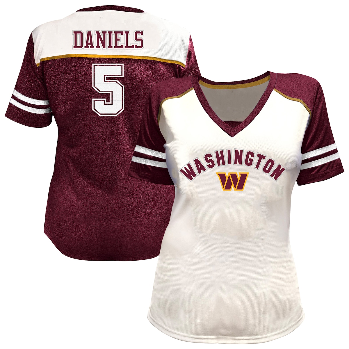 【公式グッズ】NFL コマンダーズ ジェイデン・ダニエルズ Vネック Tシャツ Fanatics/ファナティクス レディース ホワイト (Women's Plus Size N&N Bling V-Neck SST)