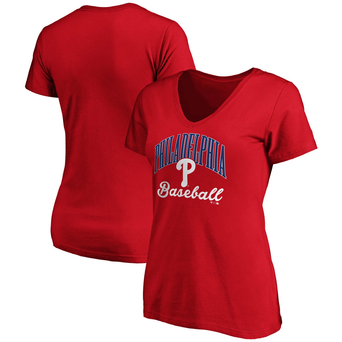 【公式グッズ】MLB フィリーズ Tシャツ Fanatics/ファナティクス レディース レッド (Women's Victory Script Short Sleeve V-Neck Tee)