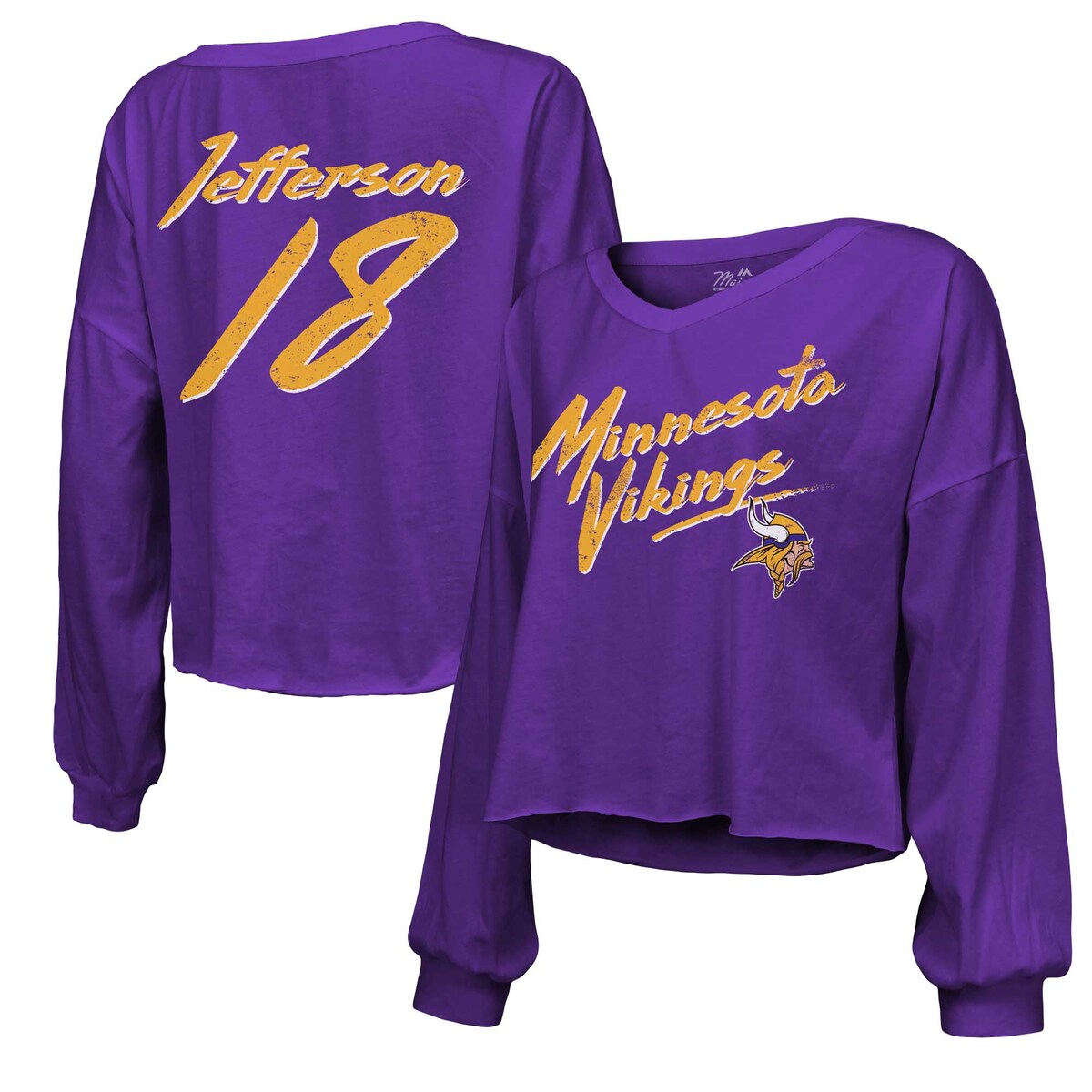 【公式グッズ】NFL バイキングス ジャスティン・ジェファーソン 長袖 Tシャツ Majestic/マジェスティック レディース パープル (Women's Off-Shoulder Script LS N&N Top - Expired)