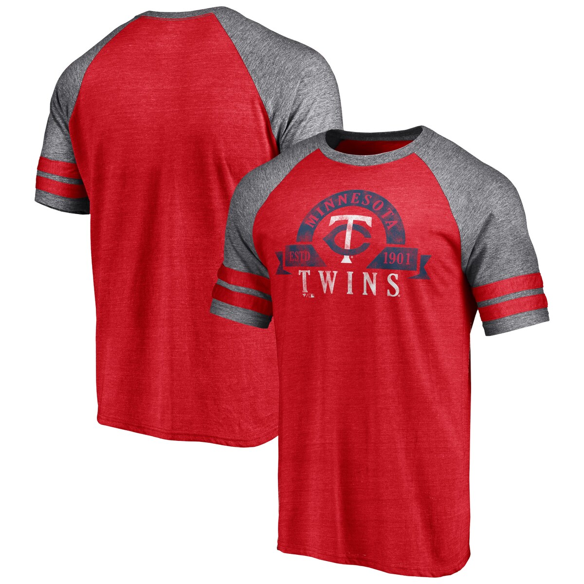 【公式グッズ】MLB ツインズ Tシャツ Fanatics/ファナティクス メンズ ヘザーレッド (MEN'S UTILITY 2 STRIPED RAGLAN SHORT SLEEVE TEE Fall MLB)