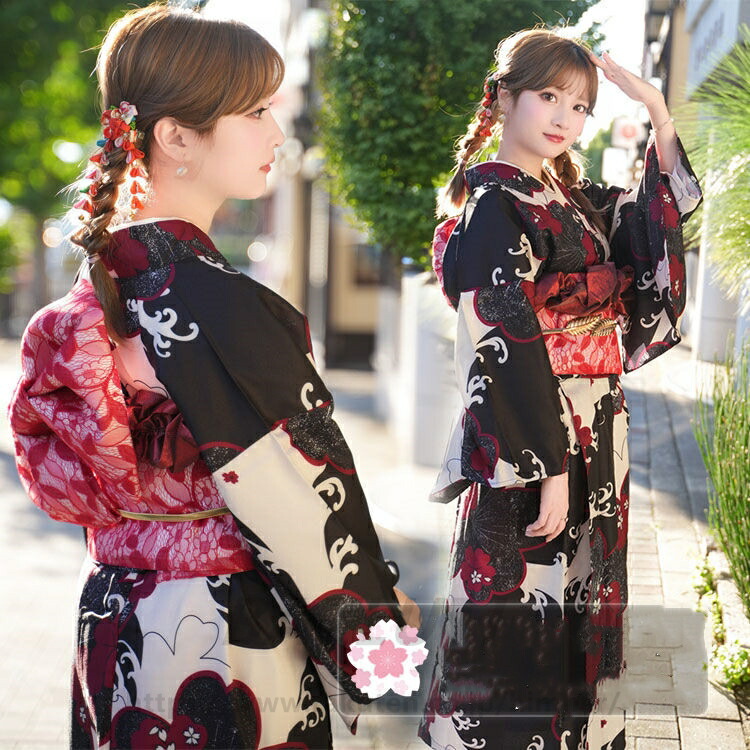 浴衣 高校生 大人 可愛い セット レディース 桜柄 黒 赤 中学生 ゆかた 女性 大人っぽい ワンピース 花柄 作り帯 リボン かわいい｜FANCアカデミー　店