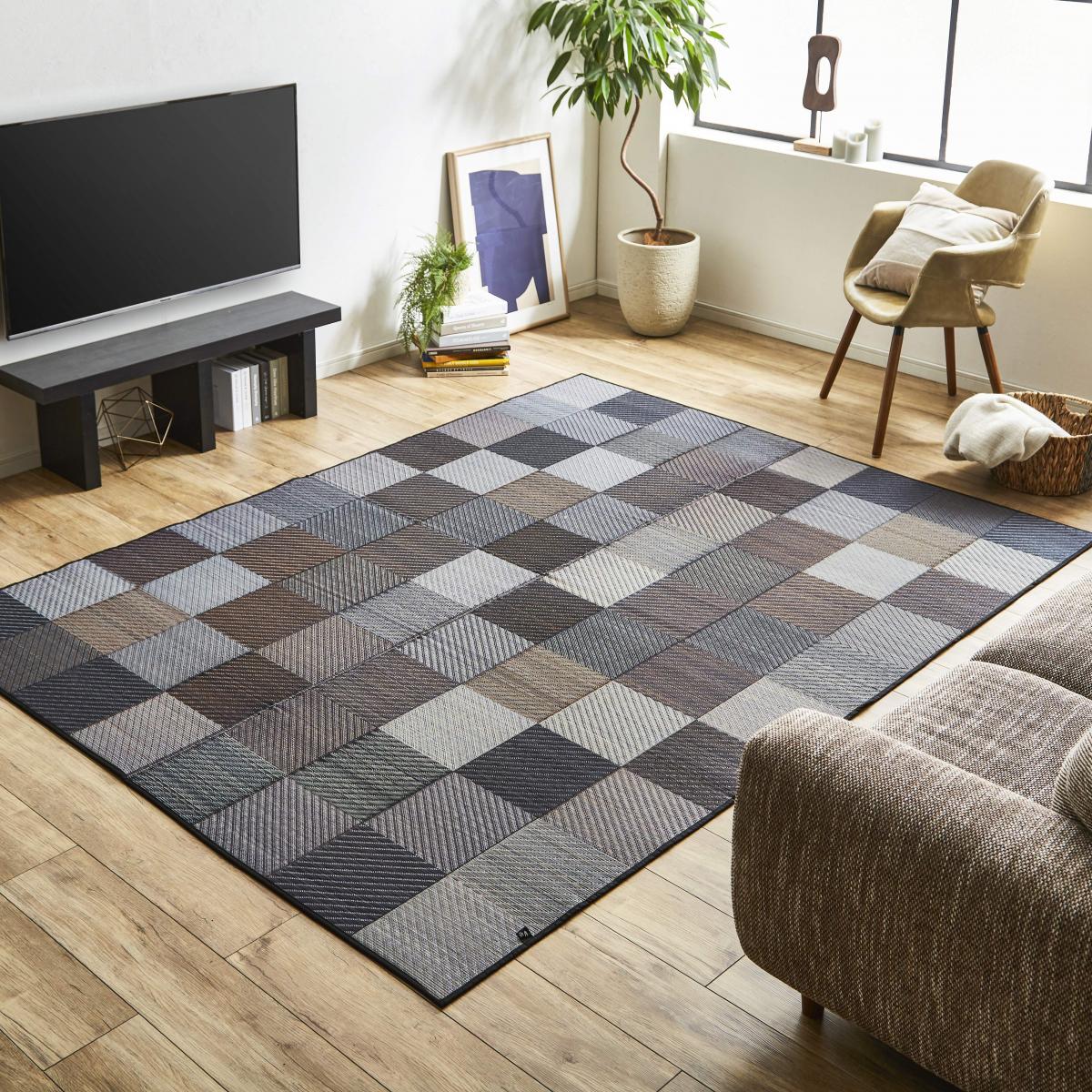 【I】【代引不可】イケヒコ 国産い草ラグカーペット DXカラフルブロック グレー 約191×250cm 1711530【北海道・沖縄・離島不可】|ファンズファクトリー