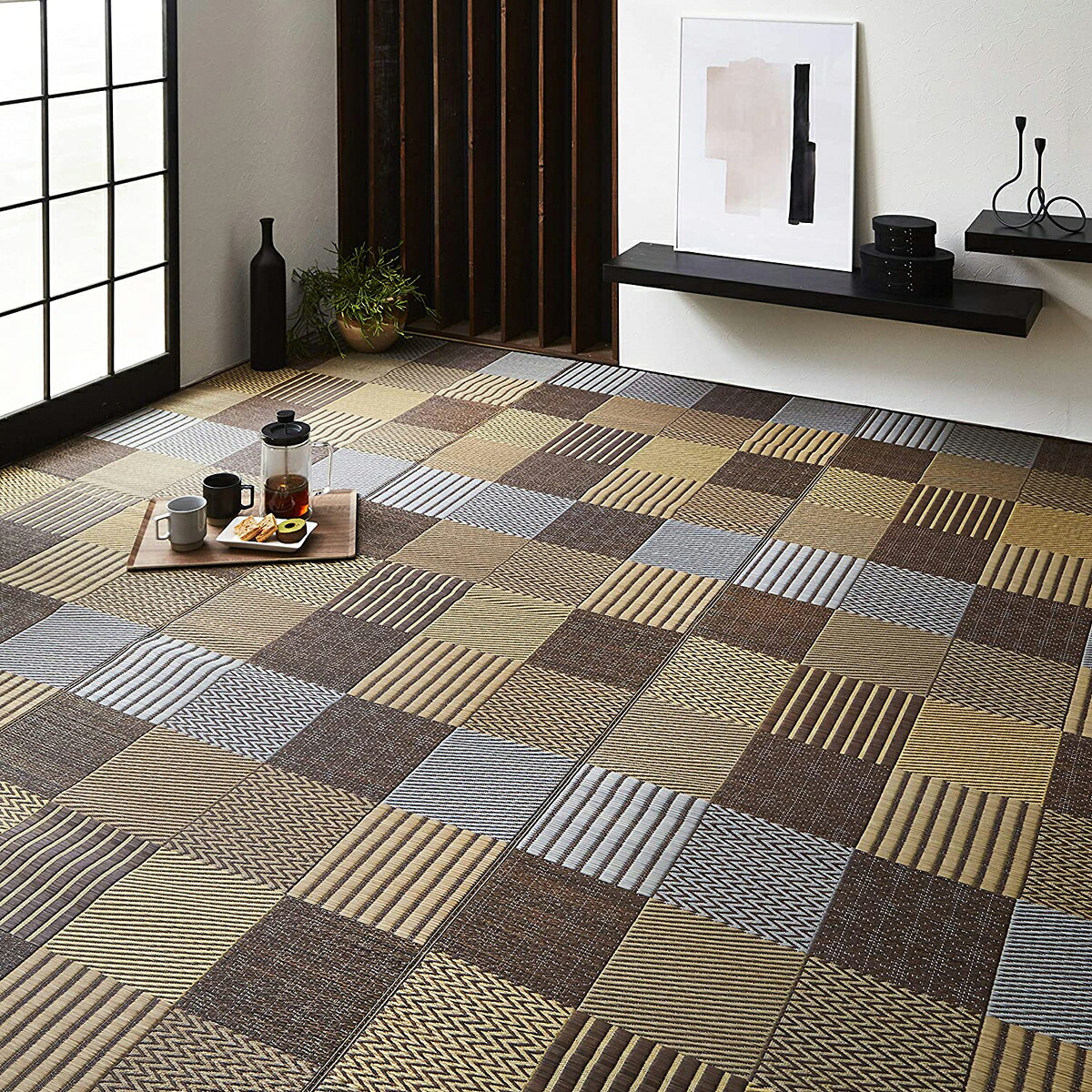 【I】【代引不可】イケヒコ い草 花ござ 京刺子 江戸間4.5畳 約261×261cm ブラウン 日本製 畳 カバー センター い草 ラグ い草カーペット ござ【北海道・沖縄・離島不可】