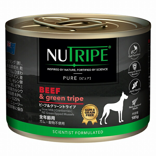 【まとめ買い24缶&times;185g】ビーフ＆グリーントライプ 185g 全年齢用ドッグフード NUTRIPE PURE ニュートライプ ピュア 犬｜ファンタジーワールド