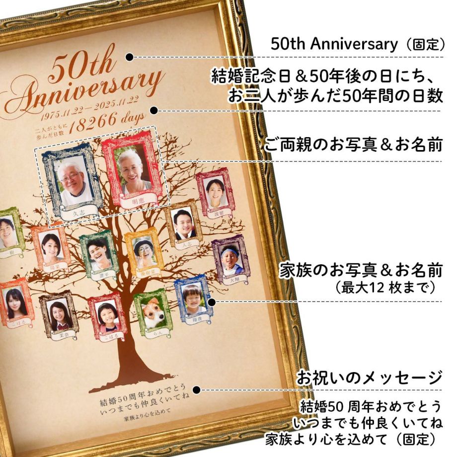 ブランド激安セール会場 送料無料 金婚式おめでとう 結婚50周年 感動の贈り物 名入れ オリジナルギフト 記念品 記念ギフト お祝い ギフト プレゼント 結婚記念日 両親 金婚式 結婚記念日50 周年の贈り物 ファミリーツリー 家系図 Fucoa Cl