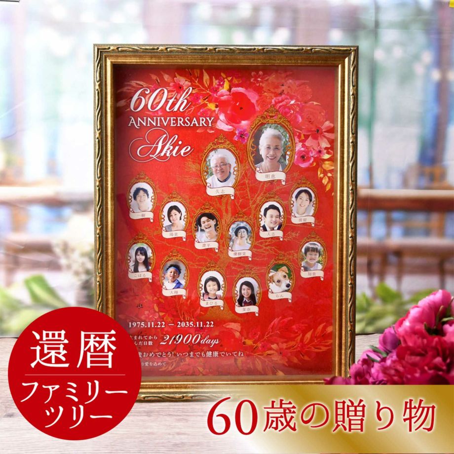 還暦 家系図  長寿祝い お祝い 贈り物 贈呈品 誕生日 両親プレゼント 写真入 60歳 六十歳 感動の贈り物 名入れ オリジナルギフト 記念品 記念ギフト お祝い ギフト／還暦祝い60歳の贈り物！「ファミリーツリー」＜実用新案登録済＞