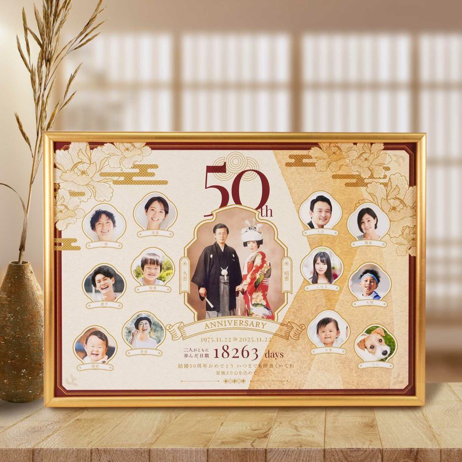 金婚式 両親プレゼント 写真入 感動の贈り物 名入れ オリジナルギフト 記念品 記念ギフト お祝い ギフト 結婚記念日 ゴールド 金／金婚式・結婚記念日50 周年の贈り物！ファミリーツリーボード 家系図「金華（きんか）」＜実用新案登録済＞／