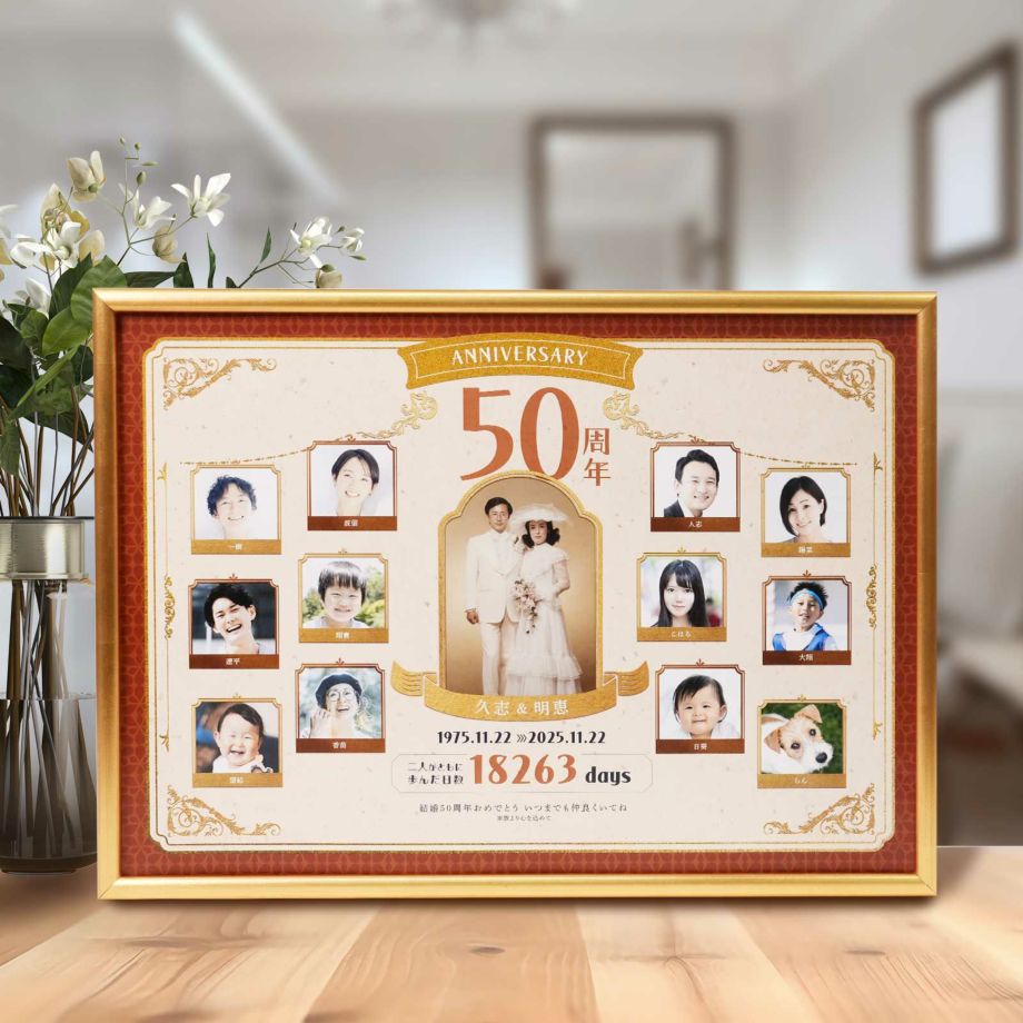金婚式 両親プレゼント 写真入 結婚50周年 ファミリーツリー 感動の贈り物 名入れ オリジナルギフト 記念品 記念ギフト お祝い ギフト 結婚記念日 ゴールド 金色／金婚式・結婚記念日50 周年の贈り物！ファミリーツリーボード 家系図「桜花（おうか）」