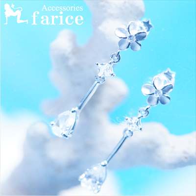 プルメリア(花)モチーフ ペアシェイプカット&プリンセスカット&ラウンドブリリアントカット クリアキュービックジルコニア 3ポイント装飾 スレンダーフレームデザイン レディース ハワイアンジュエリー シルバー925 スタッドピアス｜アクセサリーショップfarice