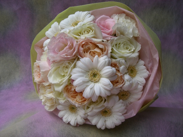 楽天市場 白 淡いピンクのバラ ガーベラブーケタイプ花束 フラワーショップ ファーナム