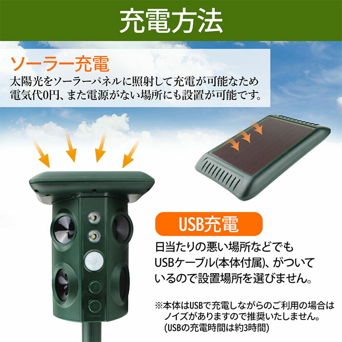 楽天市場 5 Offクーポン有 11 0時 11 21 23時59分まで 動物撃退器 害獣撃退 動物撃退 超音波 光 フラッシュ 点滅 振動 Usb充電 超音波 調節 可能 猫よけ 犬よけ 鳥獣対策 防水 Ip44 ソーラー充電 Usb充電 太陽光充電 設置 簡単 大型犬 キツネ 小型犬 鳥 ネズミ ヘビ