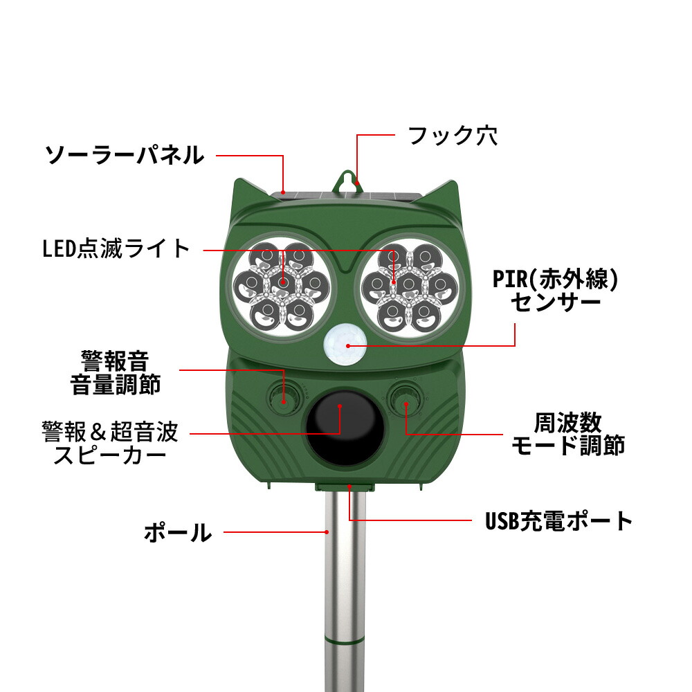 動物撃退器動物撃退超音波光フラッシュ点滅振動USB充電超音波調節可能猫よけ犬よけ鳥獣対策防水IP44ソーラー充電USB充電太陽光充電設置簡単大型犬キツネ小型犬鳥ネズミヘビ動物小動物アニマルセンサー送料無料