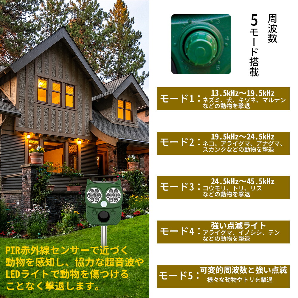 動物撃退器動物撃退超音波光フラッシュ点滅振動USB充電超音波調節可能猫よけ犬よけ鳥獣対策防水IP44ソーラー充電USB充電太陽光充電設置簡単大型犬キツネ小型犬鳥ネズミヘビ動物小動物アニマルセンサー送料無料