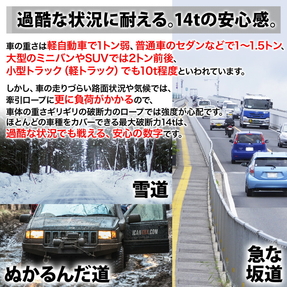 緊急用 牽引ロープ 最大破断力 14t 牽引フック けん引ロープ 牽引 けん引 伸縮 4m 道具 8t 5t エンスト スリップ 沼 泥 ぬかるみ 坂道 故障 脱輪 救助 移動 雪 脱出 装着 車 軽自動車 普通車 送料無料 最安値挑戦