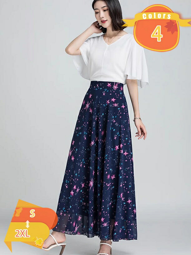 1000円OFFクーポン シフォン フラワー フレアスカート レディース おしゃれ 花柄 春 夏 Aライン ふわふわ かわいい エレガント ゆったり 大きいサイズ 裏地付き ファスナー ハイウエスト ロングスカート 膝下丈 普段着 旅行 fascimo｜FASCIMO