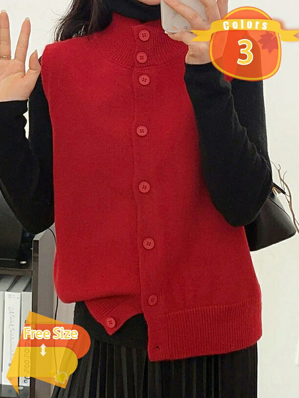 500円OFFクーポン レディース ニット ベスト ハイネック 大きいサイズ 重ね着 可愛い 無地 カットソー シンプル 秋 冬 袖なし セーター チョッキ 体型カバー オシャレ オフィス 大人 通勤 カーディガン ボタン トップス ゆったり ノースリーブ おしゃれ fascimo