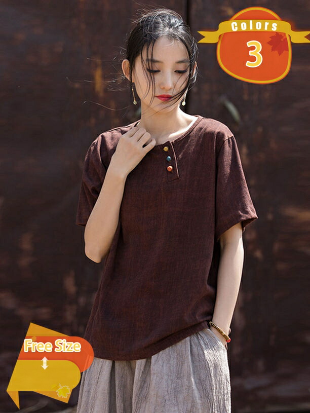 リネン Tシャツ ブラウス 半袖 レディース 女性 無地 オフィス 体型カバー ルームウェア 夏 トップス カットソー インナー ゆったり きれいめ シャツ 夏服 シンプル カジュアル 薄手 半袖Ｔシャツ リネンコットン レトロ 気質 fascimo