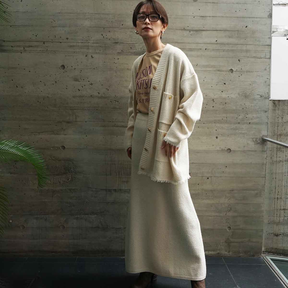 ツイードライクロングニットセットアップ FASHFREN コート ジャケット 羽織 カーディガン カーデ ツイード ポケット 金ボタン 白 オフホワイト 黒 ブラック