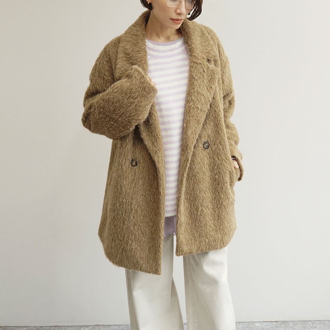 ⭐︎新品⭐︎グレディブリリアン⭐︎クロシェ⭐︎シャギーミディPコート⭐︎グレージュ⭐︎ MAJESTIC LEGON コート アウター ボリュームスリーブミディコート