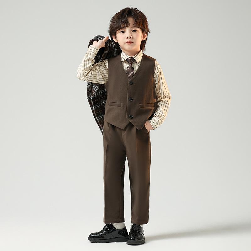 キッズ 男の子 ジュニア スーツ カジュアル セットアップ ジャケット ベスト パンツ チェック柄 ダブルボタン 柔らか素材 フォーマル 結婚式 発表会 演奏会 司会 七五三 卒業式 入学式 オールシーズン