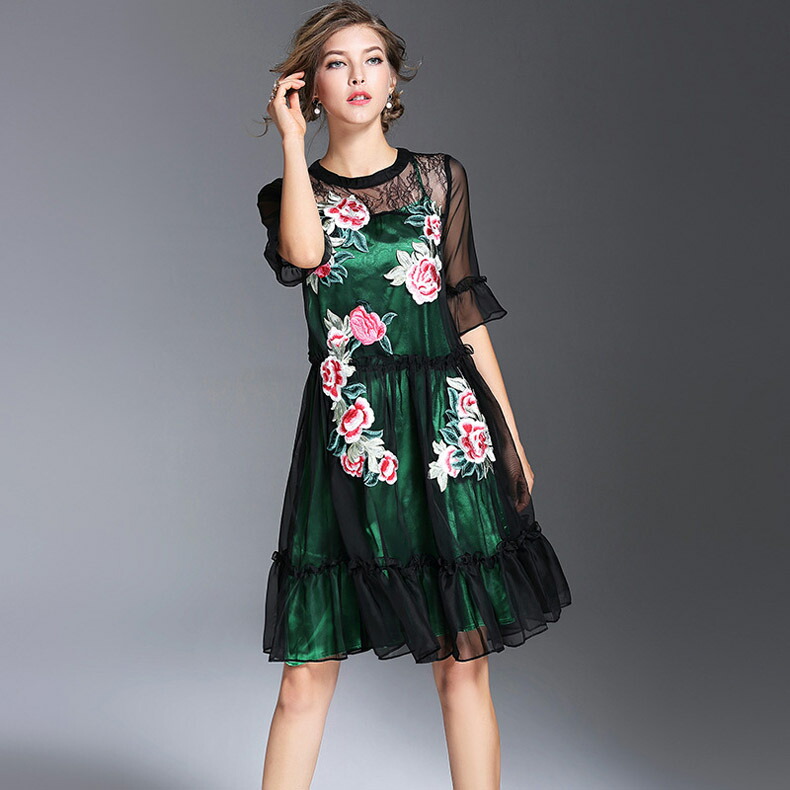 楽天市場 セレブファッション 夏新作 高級 花柄刺繍 Aラインワンピース 大人エレガント 着痩 大きいサイズあり 結婚式 披露宴 パーティードレス 謝恩会 上品 優雅 お呼ばれ 飲み会 二次会 同窓会 シルク Ol 通勤 送料無料 ファッション姫