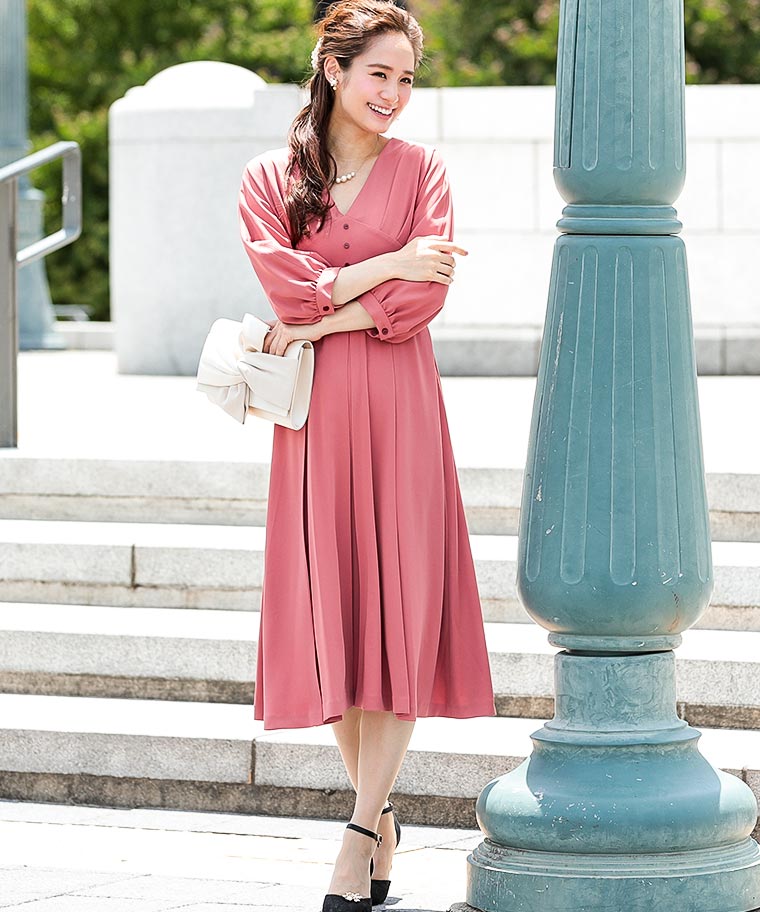 結婚式 ドレス ワンピース ドレス ボリューム袖 Vネック パーティードレス 謝恩会 カジュアル 入学式 謝恩会 卒業式 母 ママ カジュアル 普段着 大きいサイズ パーティ 膝下 二次会 袖あり ドレス お呼ばれ 結婚式 ワンピース ドレス ボリューム袖 Vネック パーティー