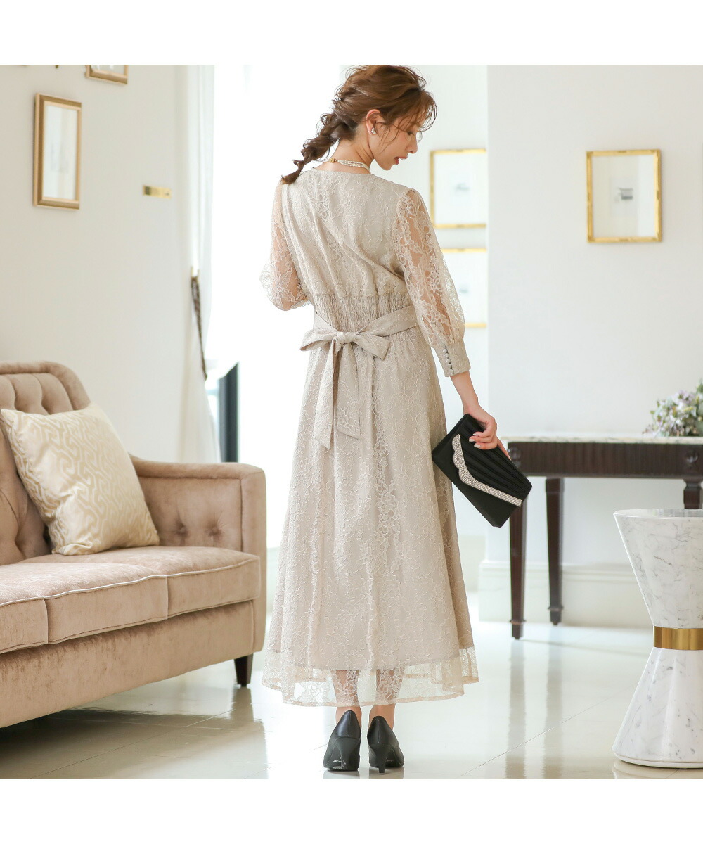 結婚式 ワンピース パーティードレス シアー レース 総レース リボン 7分袖 七分袖 レトロ ブラウス シフォン キャンディースリーブ 体型カバー 袖あり オケージョン 1 5次会 春 夏 秋 冬 パーティドレス 二次会 謝恩会 成人式 同窓会 体型カバー 服装 入学式 卒業式