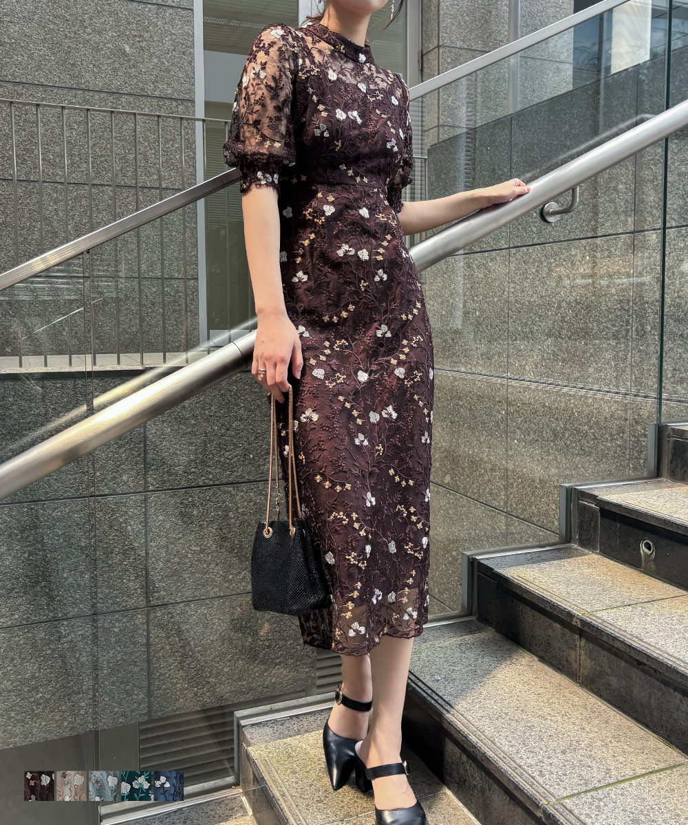 アンティーク刺繍レースドレス パーティードレス 結婚式 花柄 総レース レトロ ワンピース 袖あり 半袖 5分袖 ボリューム袖 Iライン 二の腕カバー ロング丈 お呼ばれ パーティー 二次会 披露宴 謝恩会 成人式 同窓会 卒業式 フォーマル オケージョンドレス 春 夏 秋 冬