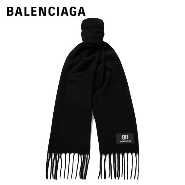 BALENCIAGA Logo Appliqued Fringed Wool Blend Boucle Scarf 2021AW