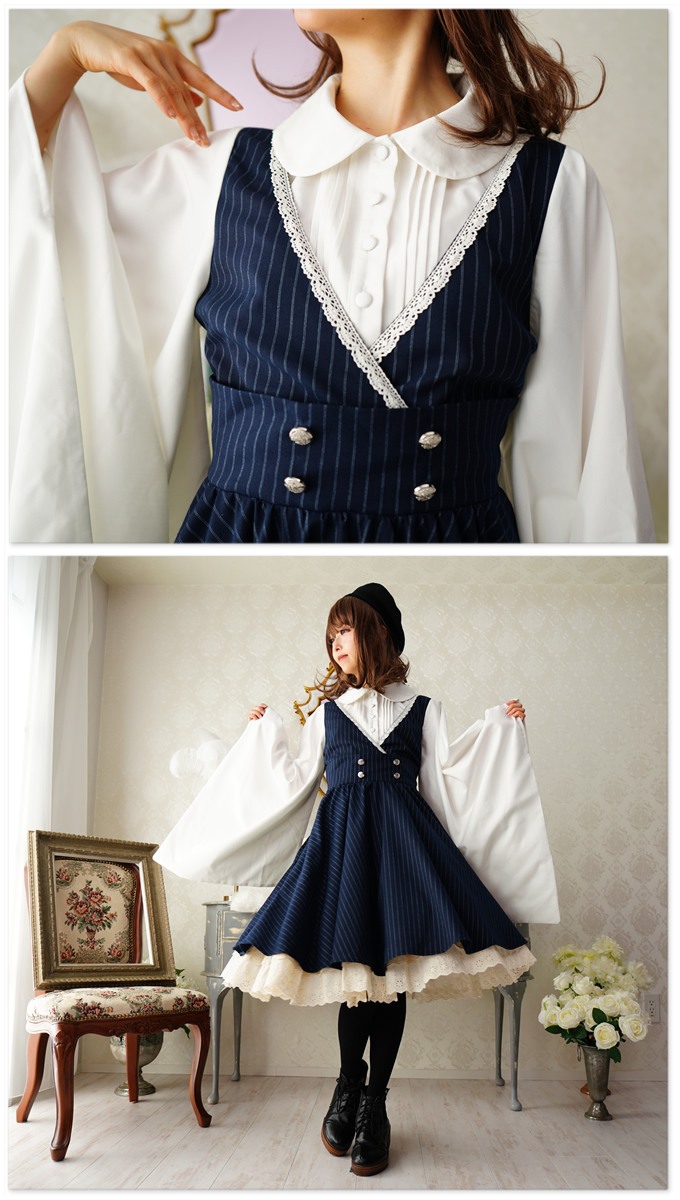 ワンピース ワンピース ミディアム丈 年1月新作上旬 ワンピース 和洋折衷 着物袖 Favoriteオリジナル ストライプとレースのハイウエスト 和袖ワンピース 着物袖 Favoriteオリジナル ストライプとレースのハイウエスト和袖ワンピース 年1月新作上旬