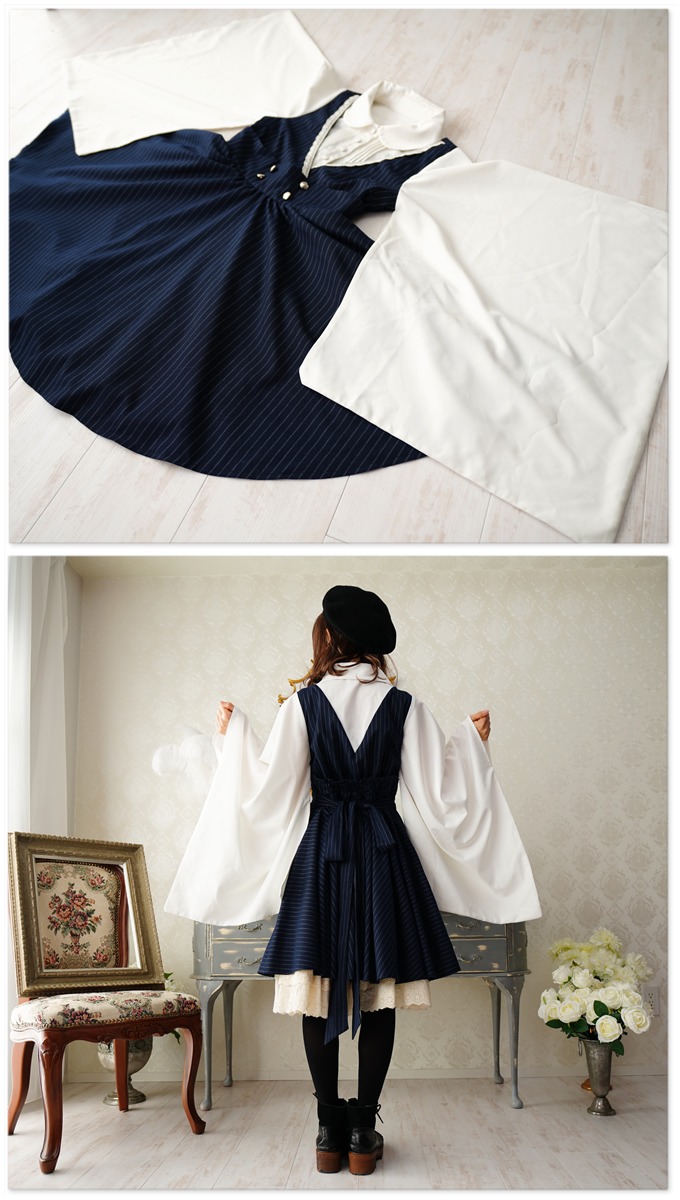 ワンピース ワンピース ミディアム丈 年1月新作上旬 ワンピース 和洋折衷 着物袖 Favoriteオリジナル ストライプとレースのハイウエスト 和袖ワンピース 着物袖 Favoriteオリジナル ストライプとレースのハイウエスト和袖ワンピース 年1月新作上旬