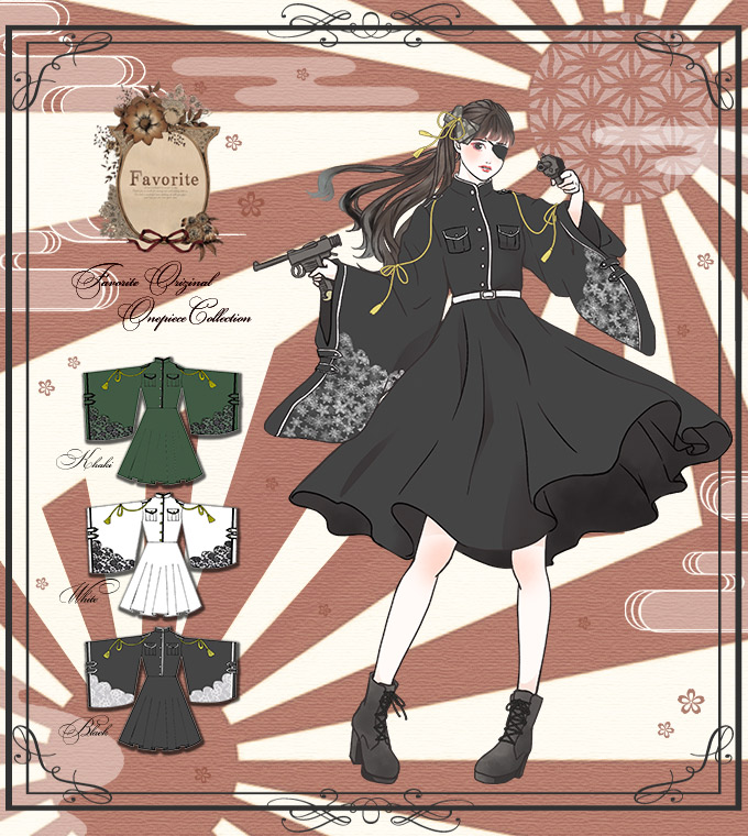 楽天市場 ワンピース ミディアム丈 和洋折衷 着物袖 軍服 隊服 Favoriteオリジナル ホワイト ブラック カーキの和袖隊服風ワンピース 年2月新作中旬 ワンピース専門店 ｆavorite